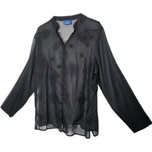 J.H. Collectibles  VTG 1X Sheer Embroidered Button Front Top Black Boho Floral